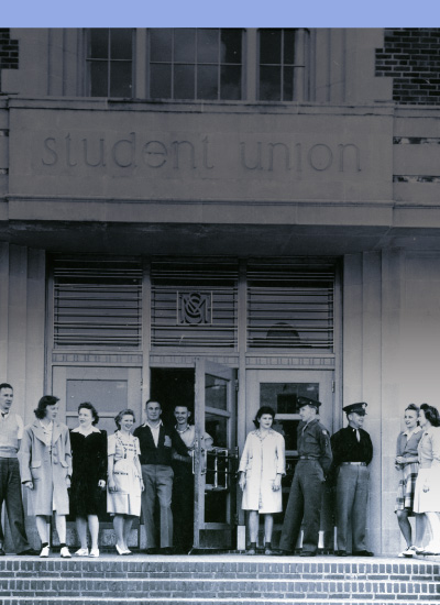 Photo of students standing in front of the SUB