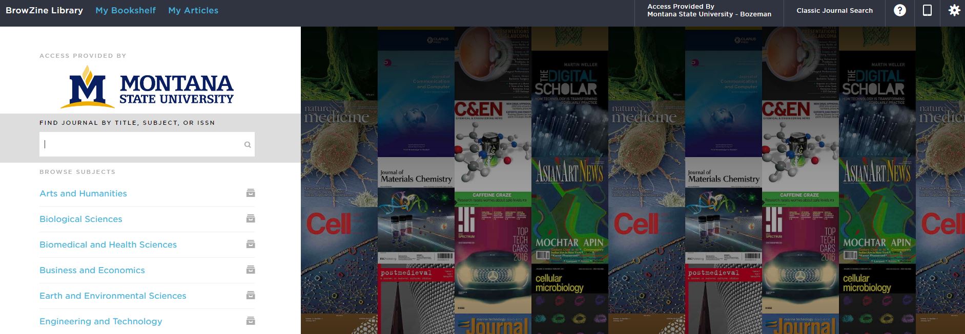 Screenshot of the BrowZine interface with the MSU Library logo, a collage of journal covers in the background.