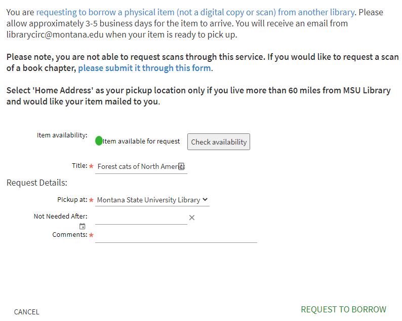 Screenshot of resource sharing request form