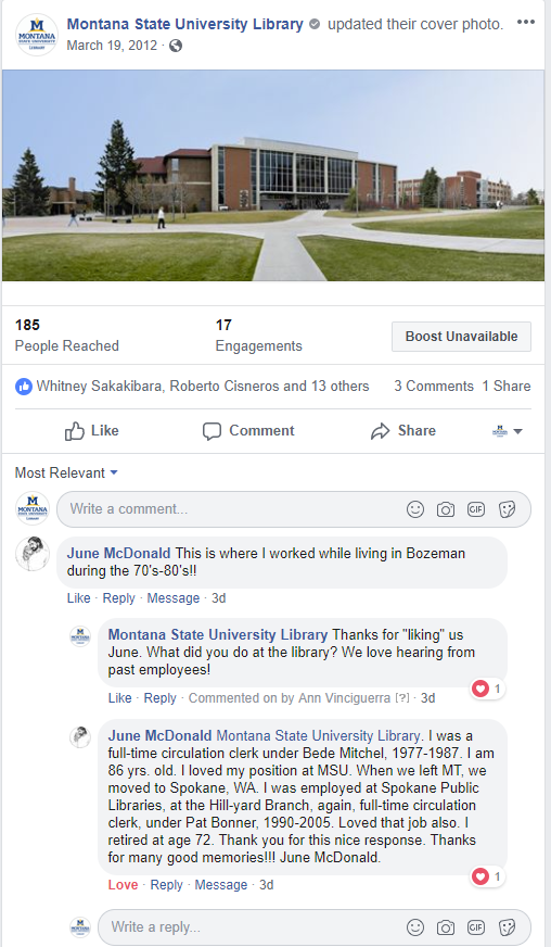 MSU Library engages in a Facebook exchange with former library employee Linda McDonald, who worked at the circulation desk from 1977-1987.