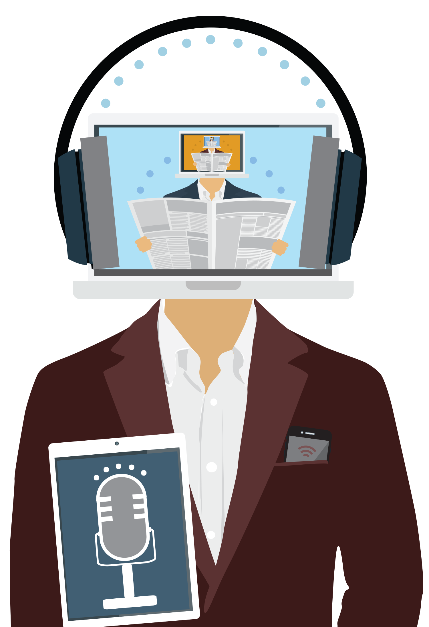 Understanding Information Exchange in Montana During the Digital Era Image of Laptop Man consuming and creating audio, visual, and textual information using laptop, tablet, smartphone, and newspaper.