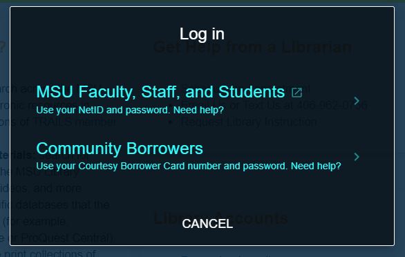 Log in screen with an option for MSU affiliates or community borrowers to log in.
