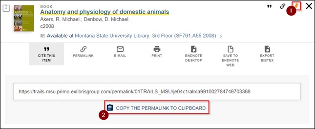 Image of a record in CatSearch with a red box around the permalink icon and permalink URL.